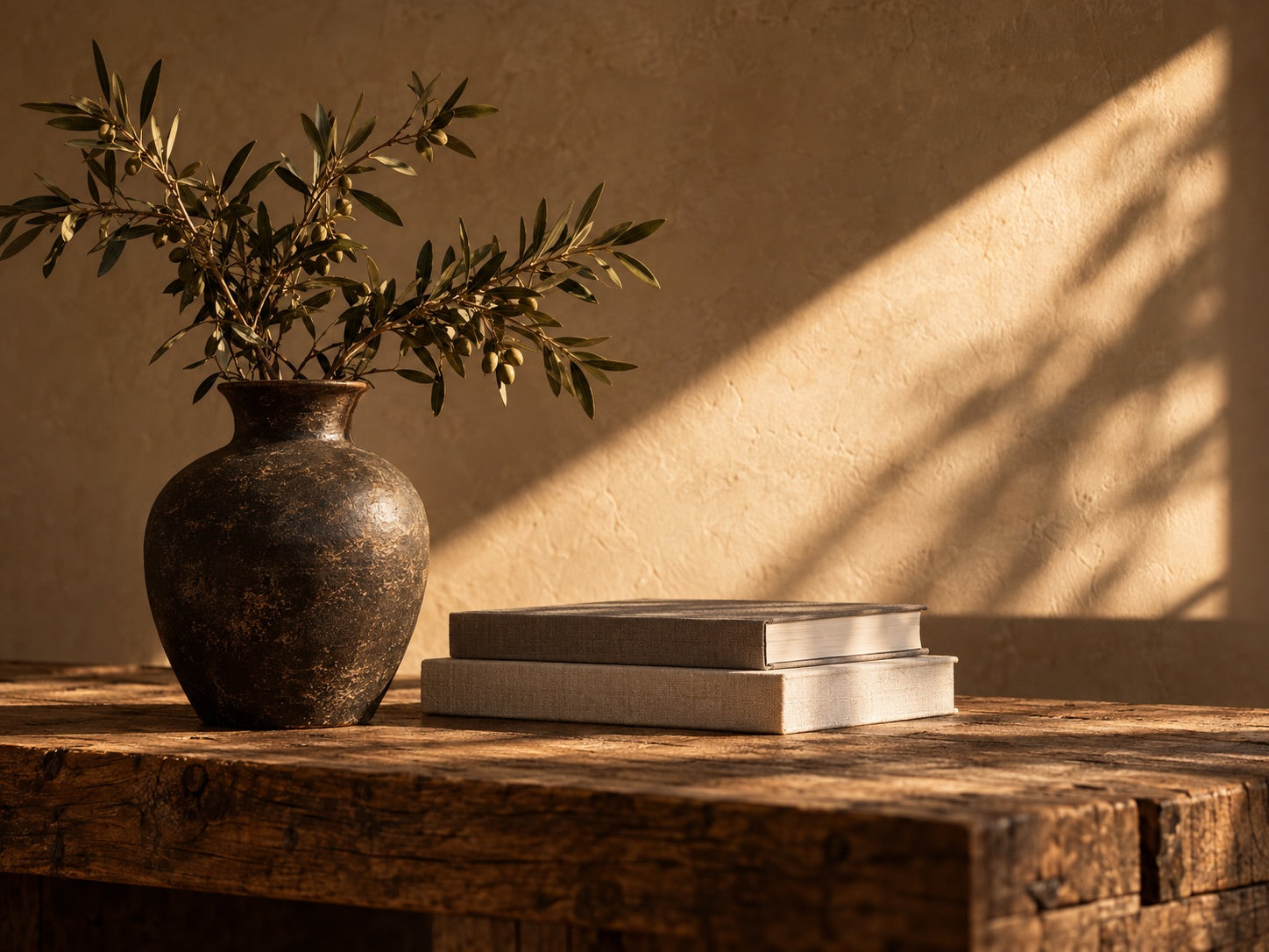 Olive branches in a dark ceramic vase beside books