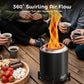 Black stainless steel 6.5 inch tabletop fire pit with swirling flames, creating ambiance for outdoor gathering with snacks.