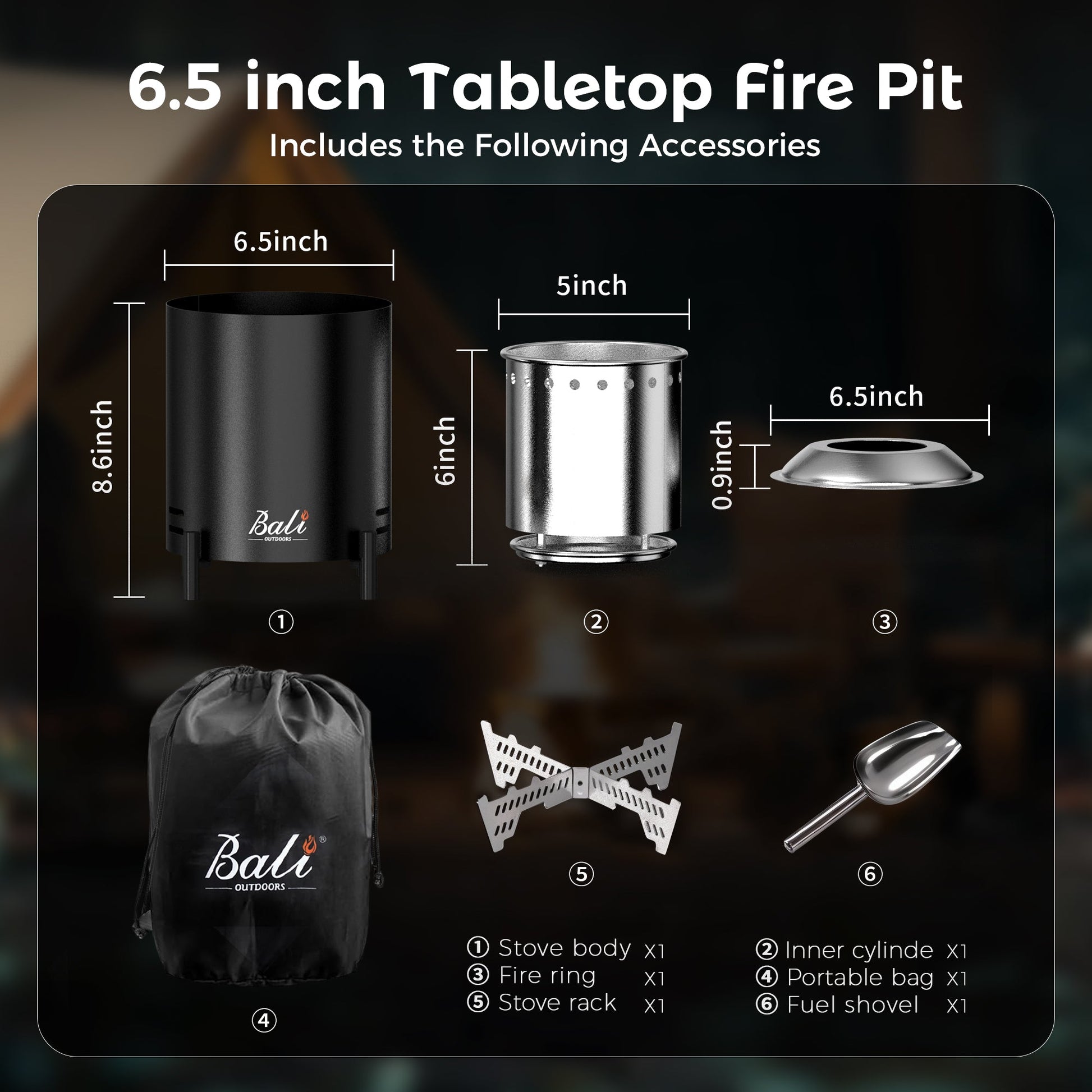 6.5 inch black Bali tabletop fire pit components and dimensions.
