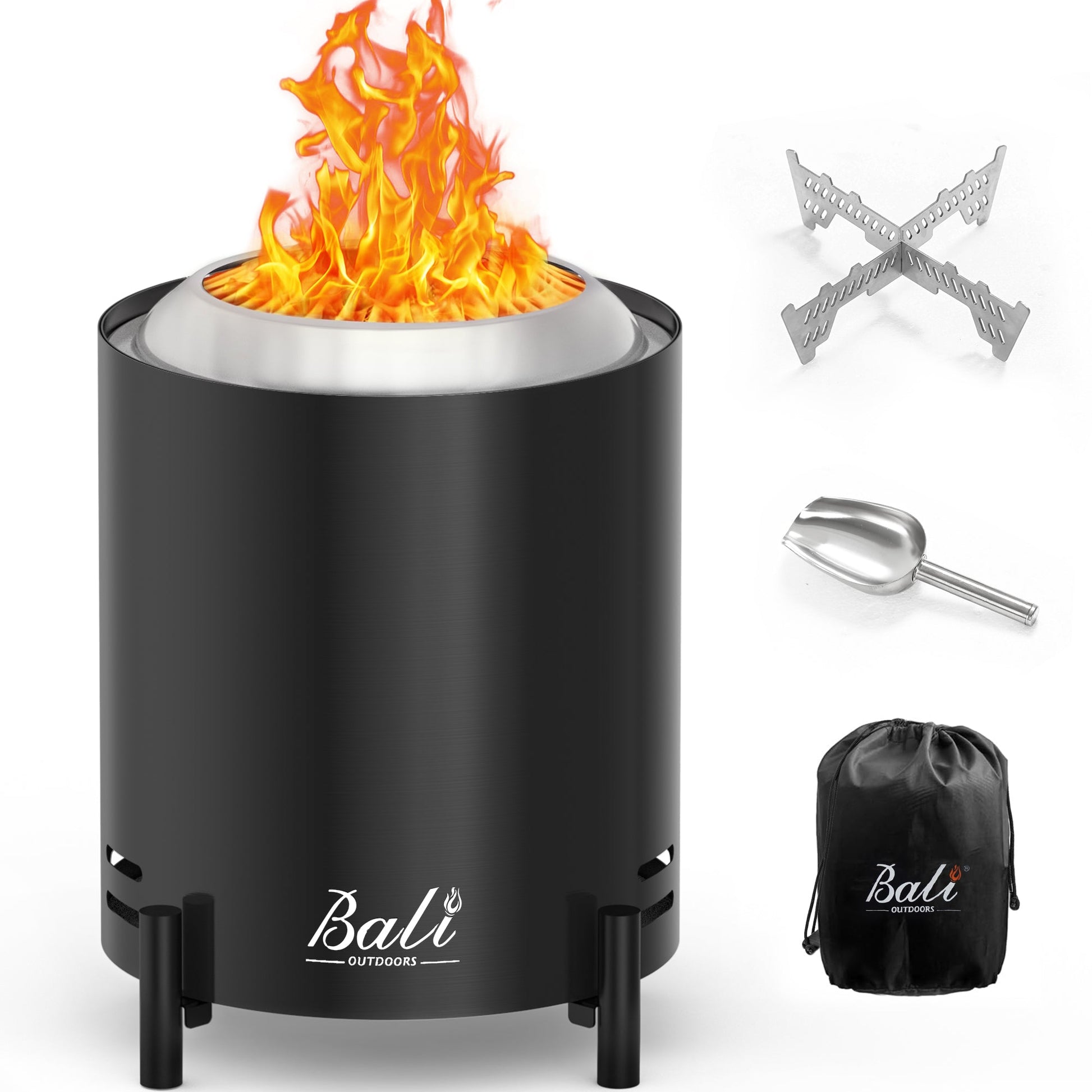 Black 6.5 inch Bali Outdoors tabletop fire pit with flames, includes stand, scoop and carrying bag.
