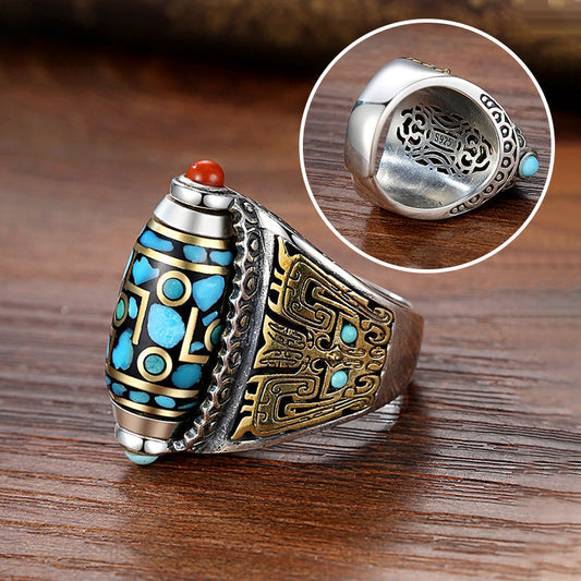 Turquoise Six-character Mantra Nine-eyed Dzi Bead Ring✨✨