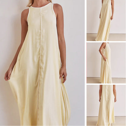 Solid Color Round Neck Sleeveless Flowy Dress