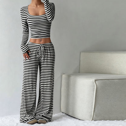 Striped Knit Slim Fit Top & Wide-Leg Pants Set