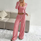 Striped Knit Slim Fit Top & Wide-Leg Pants Set