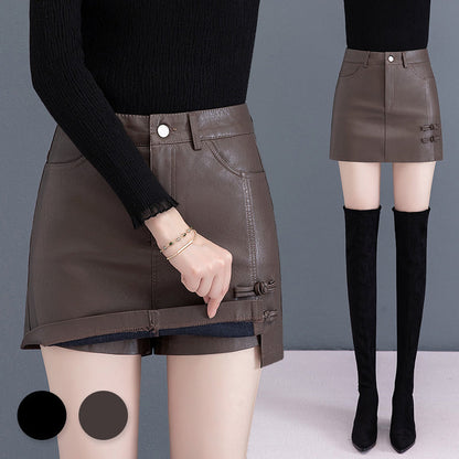 Women's Warm Faux Leather Fitted Short Skort