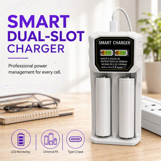 🔋 Smart LCD Dual-Slot Charger | 8W Battery Care