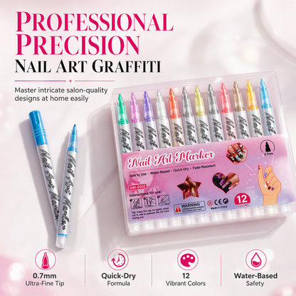 💅 12-Color Nail Art Pens | 0.7mm Detail Tips