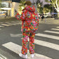 Large Flower Cotton-padded Hooded Jacket and Pants 2-piece Set