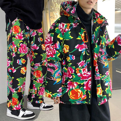 Large Flower Cotton-padded Hooded Jacket and Pants 2-piece Set